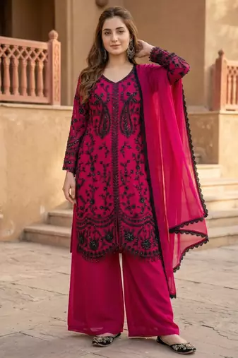 Dark pink faux georgette sequins palazzo set