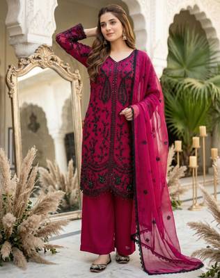 Dark pink faux georgette sequins palazzo set 3