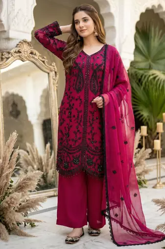 Dark pink faux georgette sequins palazzo set