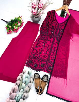 Dark pink faux georgette sequins palazzo set 4