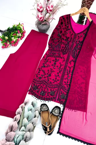 Dark pink faux georgette sequins palazzo set