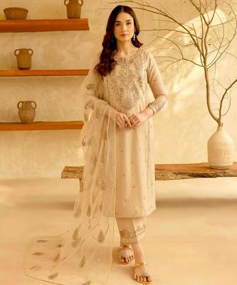 Beige silk blend embroidered farshia salwaar set 1