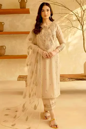 Beige silk blend embroidered farshia salwaar set