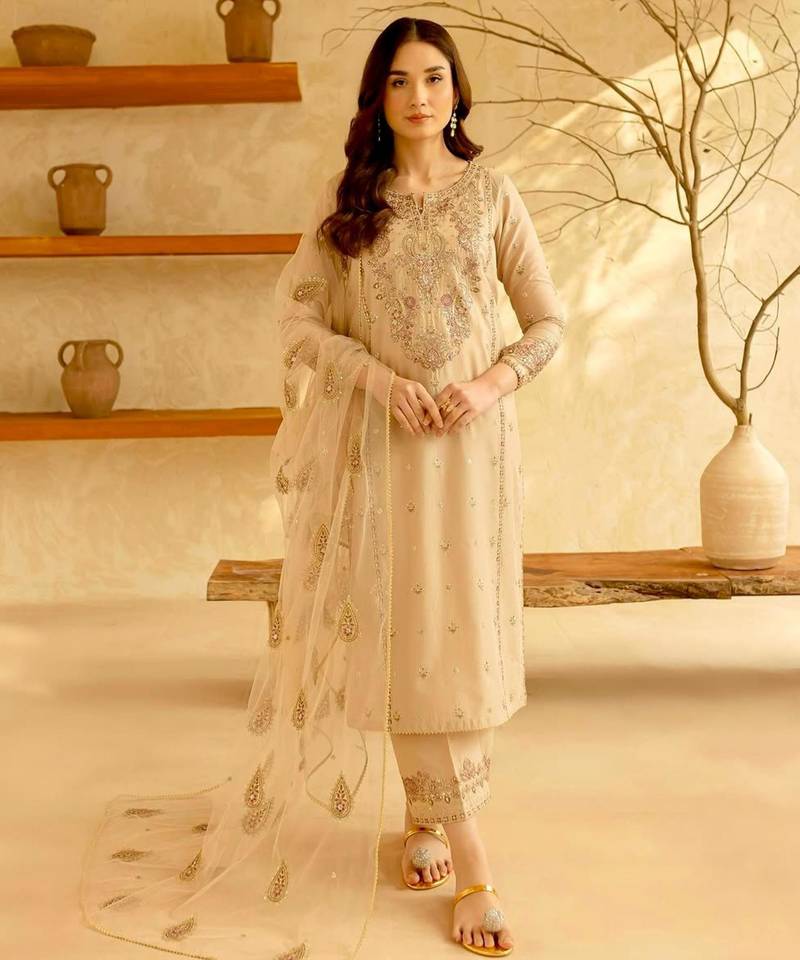 Beige silk blend embroidered farshia salwaar set