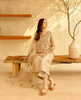 Beige silk blend embroidered farshia salwaar set 2