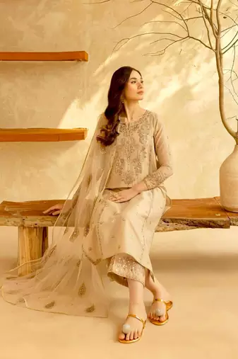 Beige silk blend embroidered farshia salwaar set