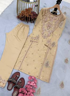 Beige silk blend embroidered farshia salwaar set 3