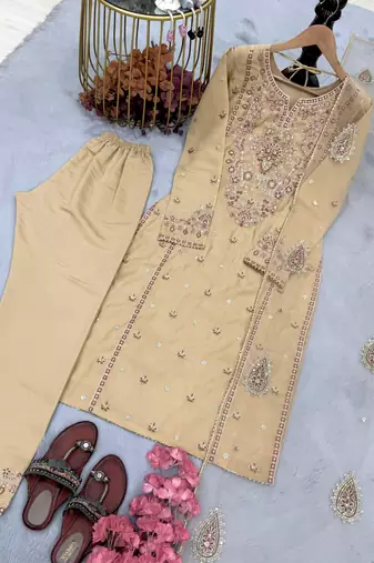 Beige silk blend embroidered farshia salwaar set