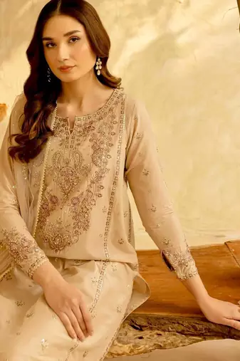 Beige silk blend embroidered farshia salwaar set