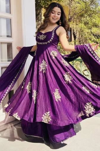 Purple silk blend embroidered gown 7meter fully flair