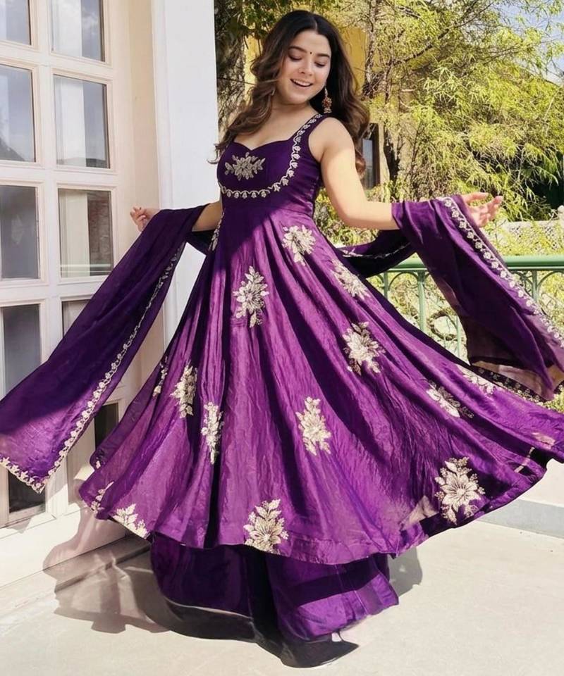 Purple silk blend embroidered gown 7meter fully flair