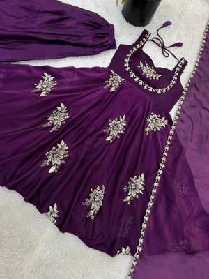 Purple silk blend embroidered gown 7meter fully flair 2