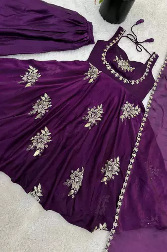 Purple silk blend embroidered gown 7meter fully flair
