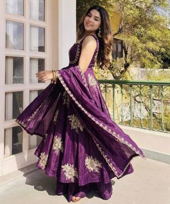 Purple silk blend embroidered gown 7meter fully flair 3