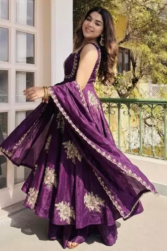 Purple silk blend embroidered gown 7meter fully flair