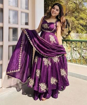 Purple silk blend embroidered gown 7meter fully flair 4