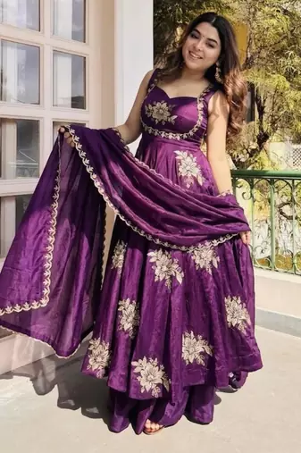 Purple silk blend embroidered gown 7meter fully flair