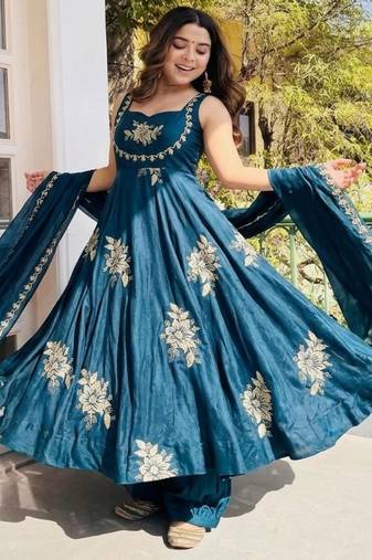 Teal blue silk blend embroidered gown 7meter fully flair