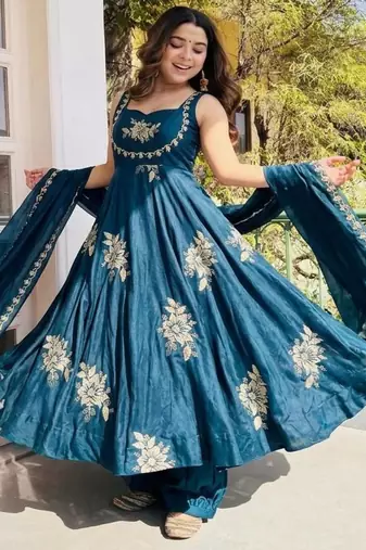 Teal blue silk blend embroidered gown 7meter fully flair