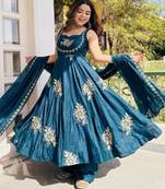 Teal blue silk blend embroidered gown 7meter fully flair