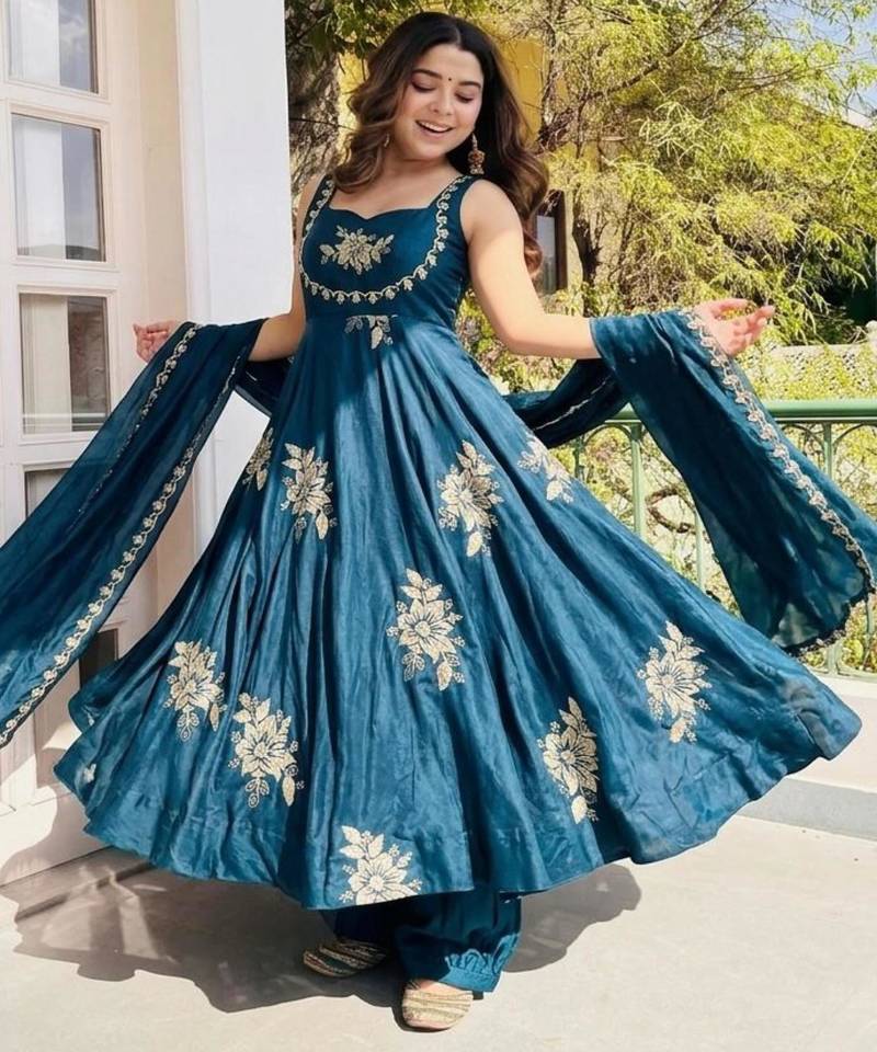 Teal blue silk blend embroidered gown 7meter fully flair