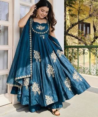 Teal blue silk blend embroidered gown 7meter fully flair 2