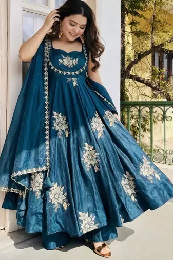 Teal blue silk blend embroidered gown 7meter fully flair