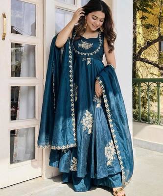 Teal blue silk blend embroidered gown 7meter fully flair 3
