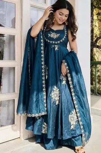 Teal blue silk blend embroidered gown 7meter fully flair
