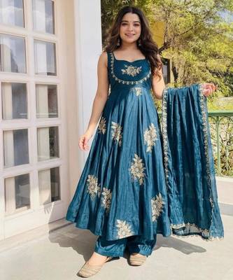 Teal blue silk blend embroidered gown 7meter fully flair 4