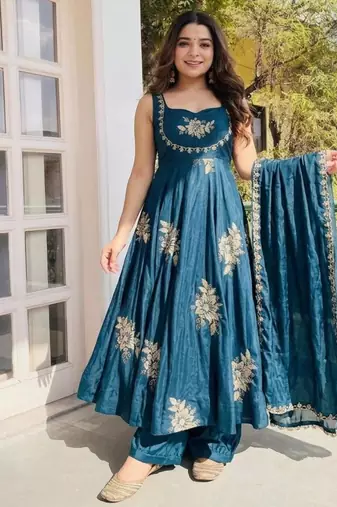 Teal blue silk blend embroidered gown 7meter fully flair