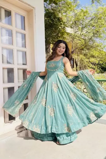 Sky blue silk blend embroidered gown 7meter fully flair