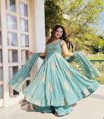 Sky blue silk blend embroidered gown 7meter fully flair