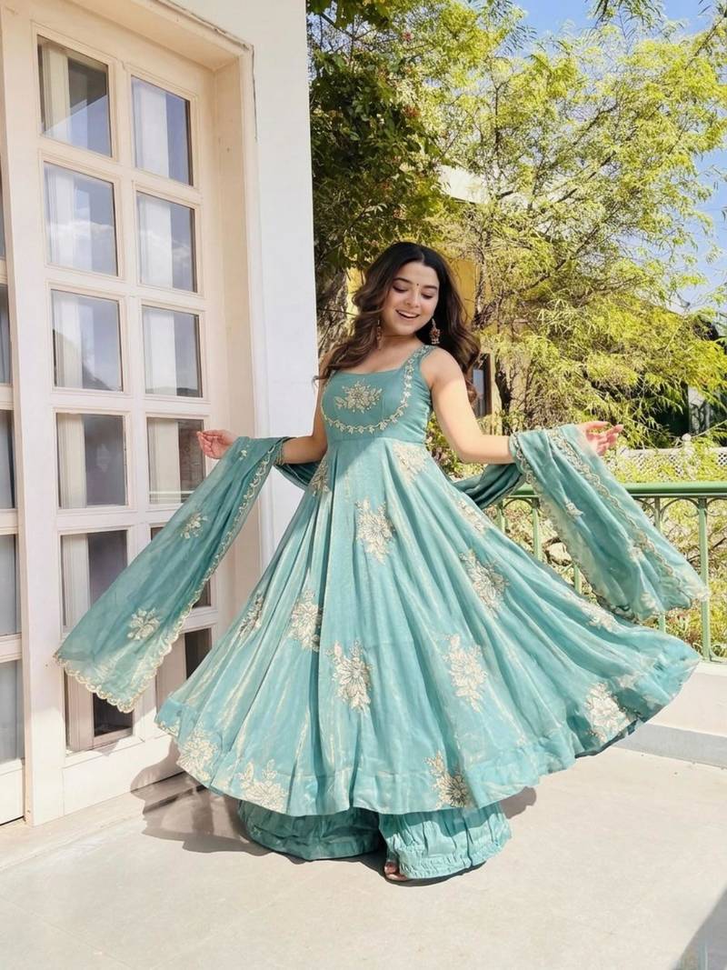Sky blue silk blend embroidered gown 7meter fully flair