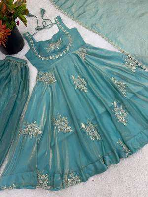 Sky blue silk blend embroidered gown 7meter fully flair 2