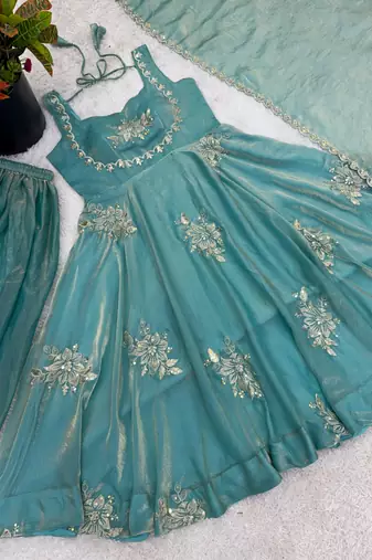 Sky blue silk blend embroidered gown 7meter fully flair