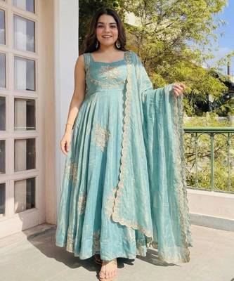 Sky blue silk blend embroidered gown 7meter fully flair 3