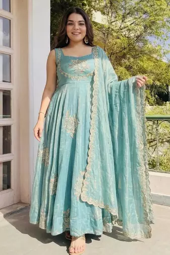 Sky blue silk blend embroidered gown 7meter fully flair