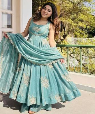 Sky blue silk blend embroidered gown 7meter fully flair 4