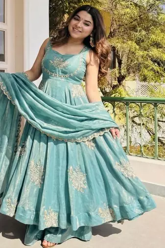 Sky blue silk blend embroidered gown 7meter fully flair