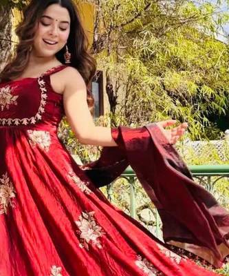 Red silk blend embroidered gown 7meter fully flair 2