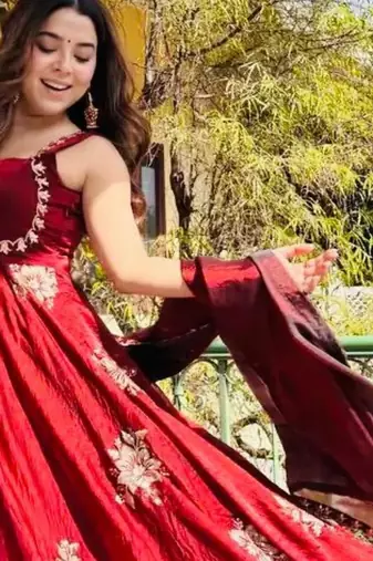 Red silk blend embroidered gown 7meter fully flair