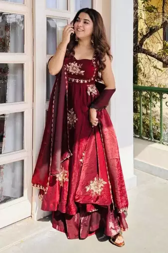 Red silk blend embroidered gown 7meter fully flair