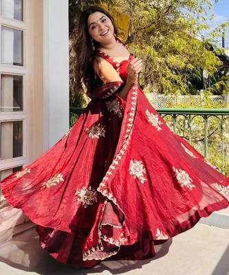 Red silk blend embroidered gown 7meter fully flair 4