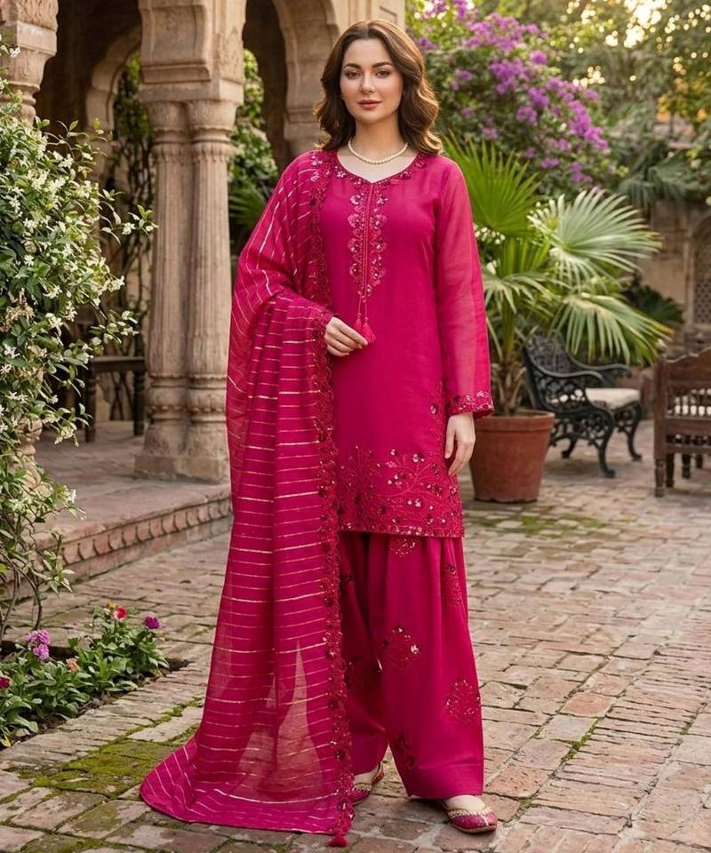 Magenta chanderi thread farshi salwar set
