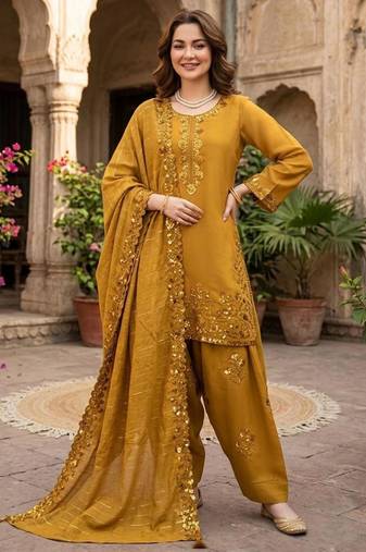 Mustard chanderi thread farshi salwar set
