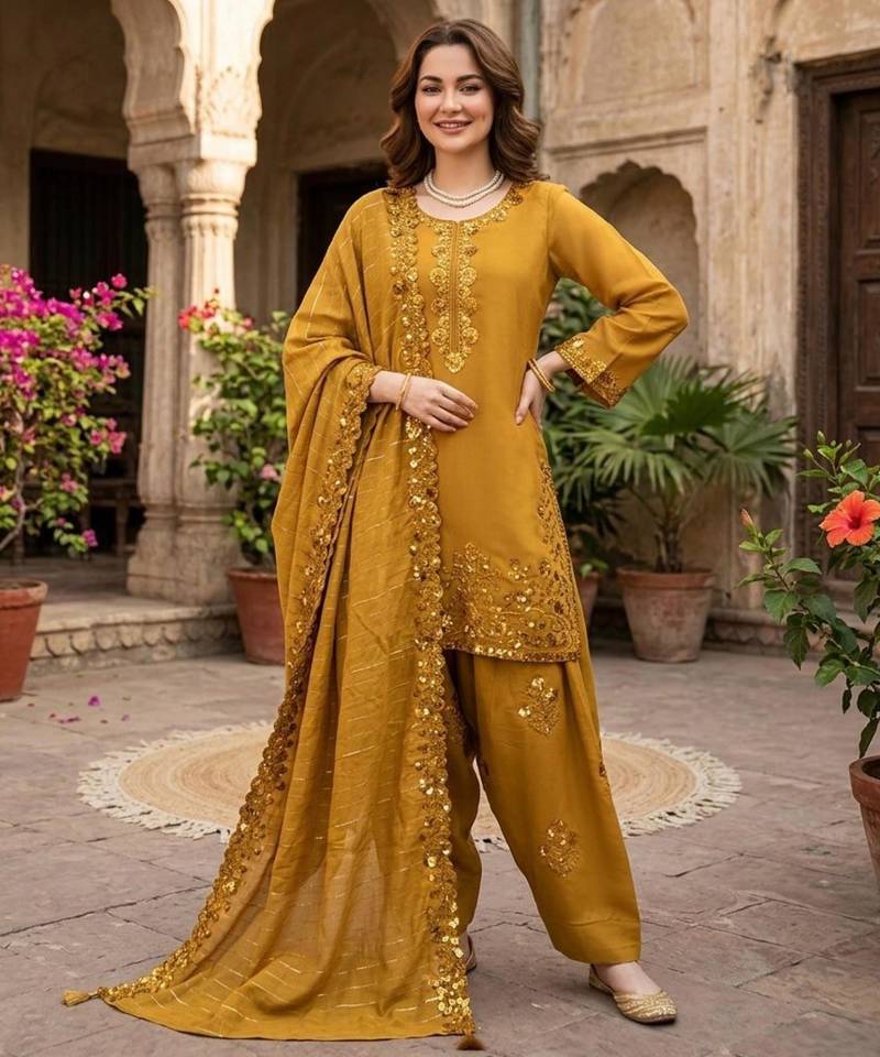Mustard chanderi thread farshi salwar set