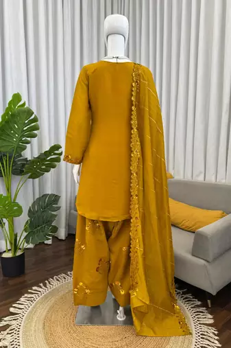 Mustard chanderi thread farshi salwar set