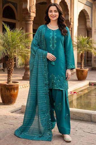 Teal chanderi thread farshia salwar set