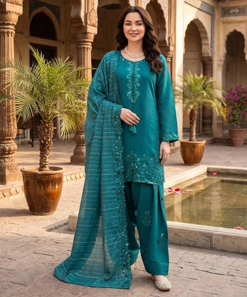Teal chanderi thread farshia salwar set
